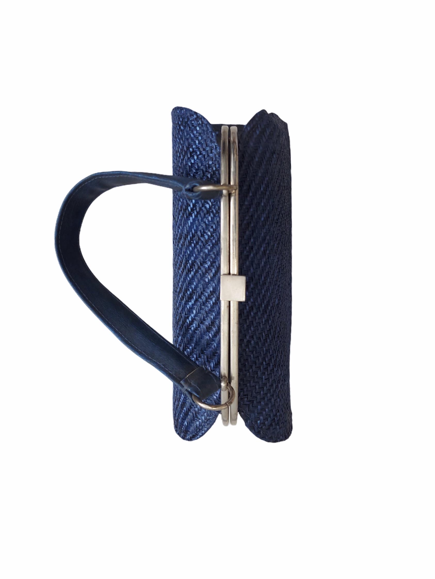 Sac vintage 1960 en raphia bleu électrique – Image 3